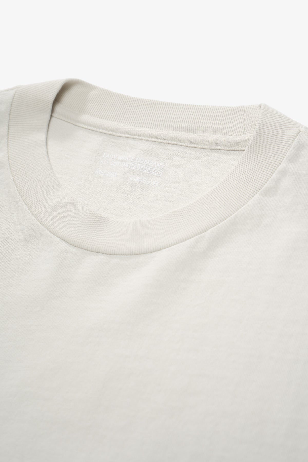 Collar detail of LW102 Municipal T-shirt in Off white