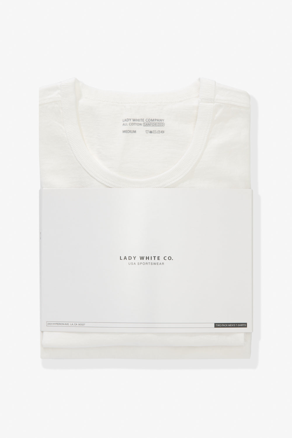 Two LW101 Our T-shirts stacked on top of each other, inside of a belly band